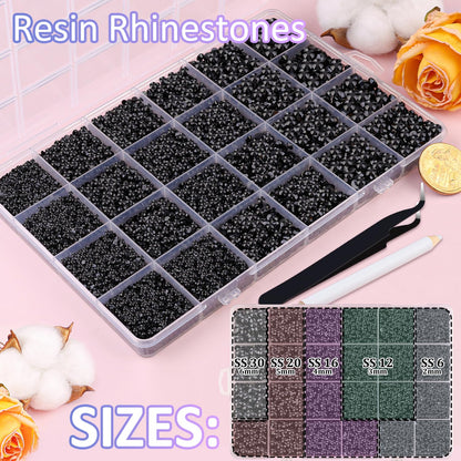 30000Pcs Black Rhinestones for Bedazzling Crafting, Flatback Resin Gems Crystal, Bedazzler Kit with 3Pcs 10ml B7000 Jewelry Glue and Tweezers for DIY Crafts Clothing Shoes Fabric Nail Art