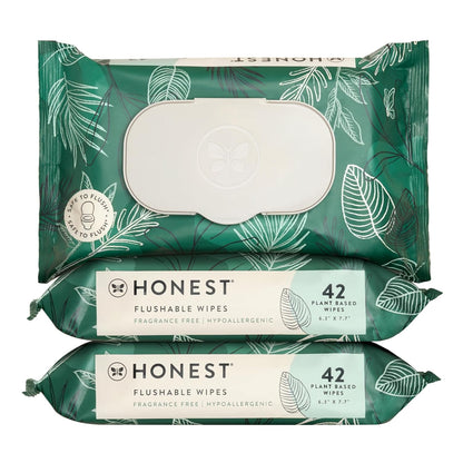The Honest Company Flushable Wipes for Sensitive Skin | Fragrance Free, Hypoallergenic, 99% Water, Safe to Flush | pH Balanced Feminine Wipes | Tropical Leaves, 126 Count