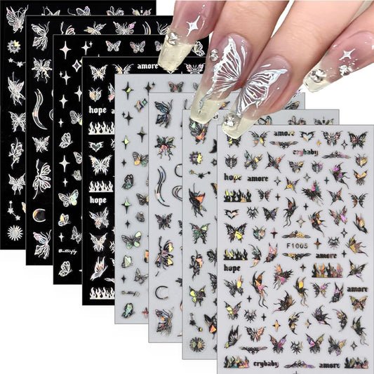 Butterfly Nail Art Stickers Decals 3D Self-Adhesive Laser Butterfly Nail Stickers Holographic Butterflies Design Nail Art Supplies for Women Acrylic Nail Art Decoration Accessories 8 Sheets
