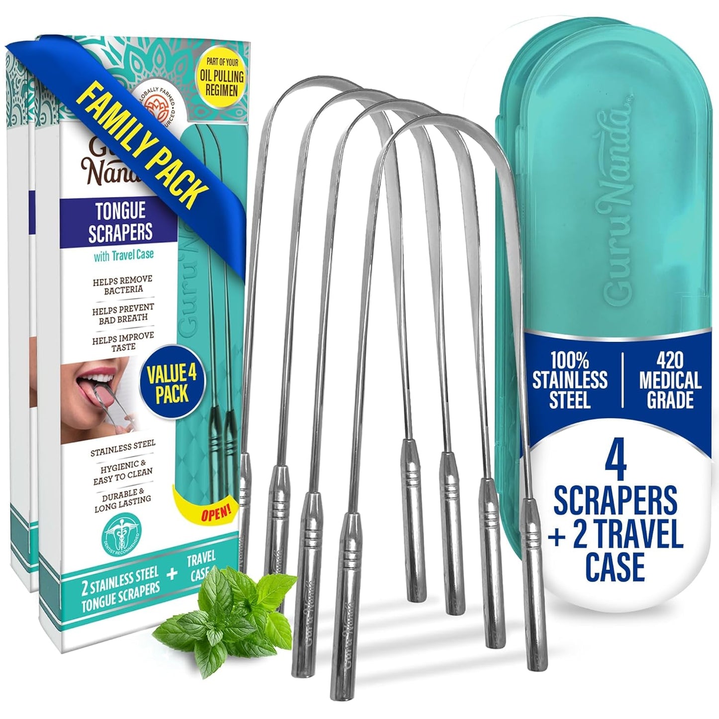 GuruNanda Tongue Scraper for Adults (4-Pack) with Travel Case, 420 Medical Grade Stainless Steel, Aids in Fresh Breath & Oral Care - Travel-Friendly