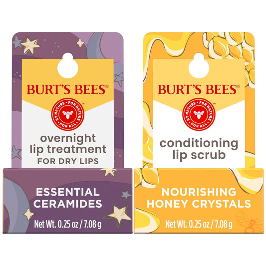 Burt’s Bees Conditioning Lip Scrub and Overnight Intensive Lip Treatment, With Ceramides, Exfoliates and Hydrates Lips 8 Hours, Natural Origin, 2 Jars, 0.25 oz
