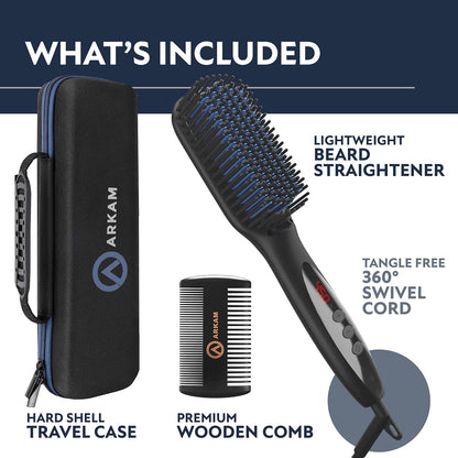 Arkam Beard Straightener for Men -Premium Heated Beard Brush Kit w/Anti-Scald Feature, Dual Action Hair Comb and Hard Shell Travel Case for Medium to Long Beards - Costume and Grooming Gifts for Men