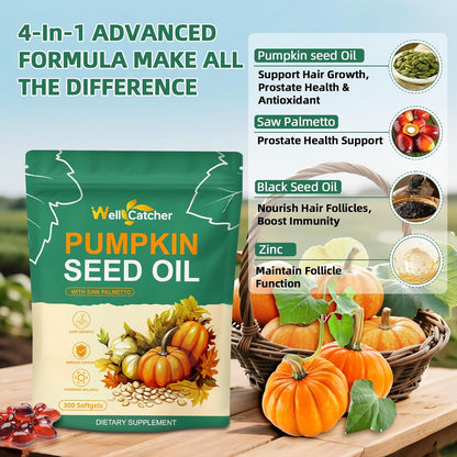 Pumpkin Seed Oil with Saw Palmetto Softgels: Organic 3000mg Pumpkin Seed Oil Capsules Cold Pressed for Hair Growth Bladder & Prostate Health Support with Black Seed Oil Zinc Per Serving 100 Servings