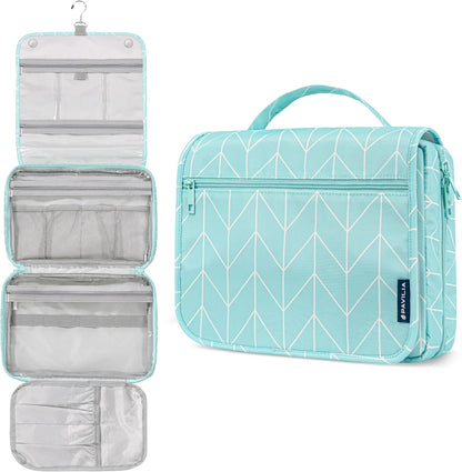 PAVILIA Hanging Toiletry Bag Women Men, Foldable Cosmetic Organizer Travel Bag, Water Resistant Makeup Bag Toiletries, Large Travel Essentials Kit (Teal Chevron)