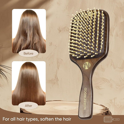 100% Natural Wood Hairbrush for Massaging Scalp,for Most Hair Types, Wooden Bristle for Reducing Damage, Scalp Massager Perfect for Women, Men & Kids