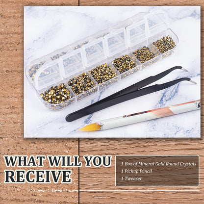 3600pcs Glass Mineral Gold Nail Rhinestones 6 Sizes(1.8/2/2.4/2.8/3/4mm) Flatback Crystal Nail Charms Jewels Decoration for Nail Art and Crafting, Tweezer and Pickup Pen included
