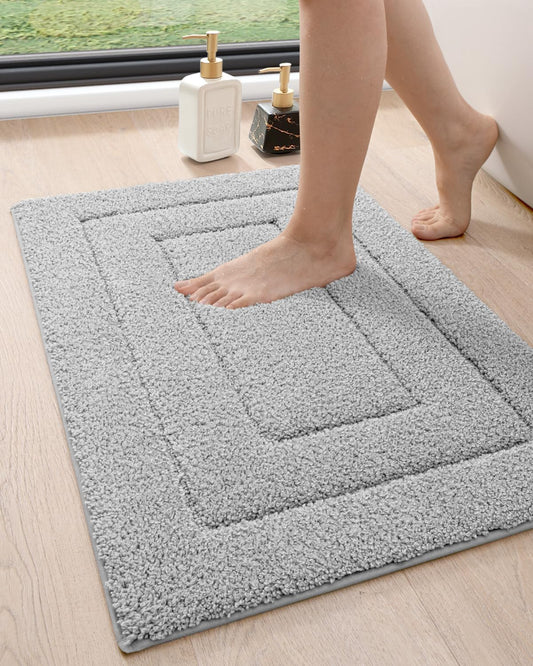 DEXI Bathroom Rug 24x16, Non Slip Washable Bath Mat for Shower Floor, Absorbent Soft Bathmat with Rubber Backing, Quick Dry Microfiber Carpet, Light Grey