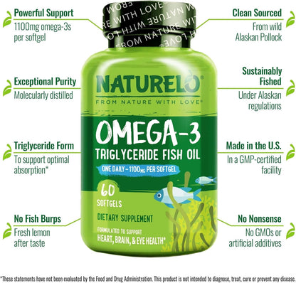 NATURELO Burpless Omega 3 Fish Oil Supplement - 1100mg Triglyceride Omega-3, EPA + DHA, Liquid Fish Oil for Heart, Eye, Brain, Joint Health - 60 Softgels, 2 Months Supply