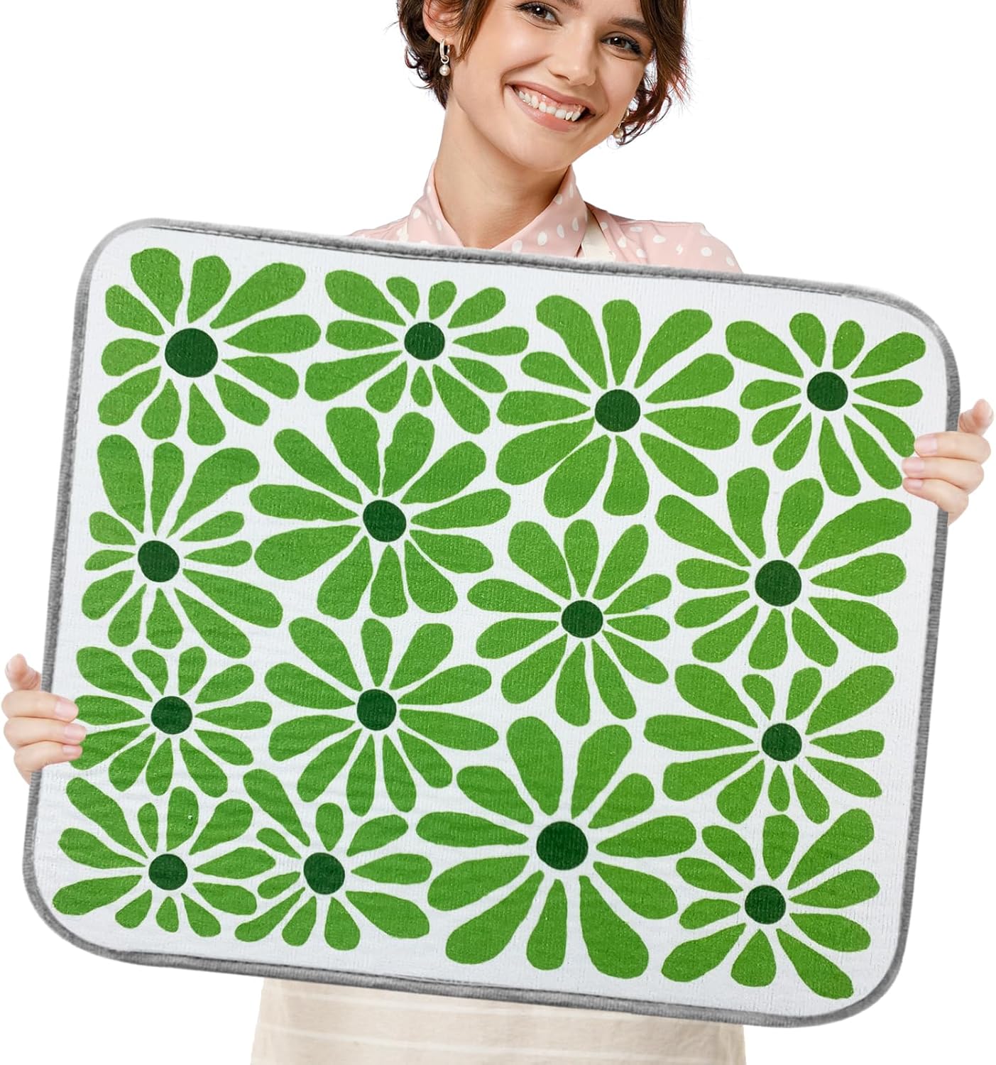 SHIYUE Dish Drying Mat for Kitchen Counter Super Absorbent Spring Kitchen Decor Microfiber Drying Matainers Rack Fast Pad Dish Drainer Mats(Cute Green Flower,18''x24'')
