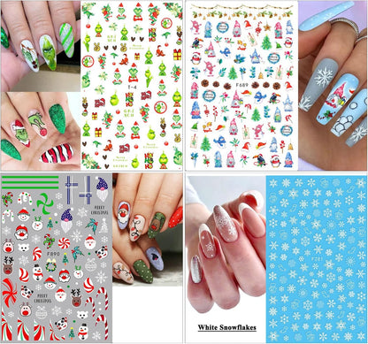 10 Sheets Christmas Nail Stickers 3D Xmas Decals Winter White Snowflake Santa Claus Snowman Bell Reindeer for Women Girls Christmas Designs Decoration Charms