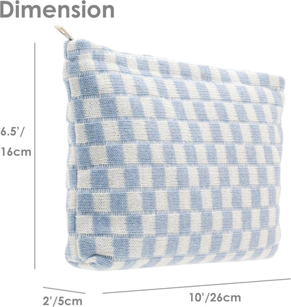 PAZIMIIK Knit Checkered Makeup Bag Large Zipper Make Up Accessory Pouch for Purse Cosmetic Brush Bag for Travel Essential,Blue