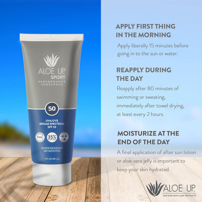 Aloe Up Sport Sunscreen Lotion SPF 50 - Broad Spectrum UVA/UVB Sunscreen Protector for Face and Body - With Hydrating Aloe Vera Gel - Non-Greasy - No White Cast - Reef Safe - Fragrance-Free - 3 Oz