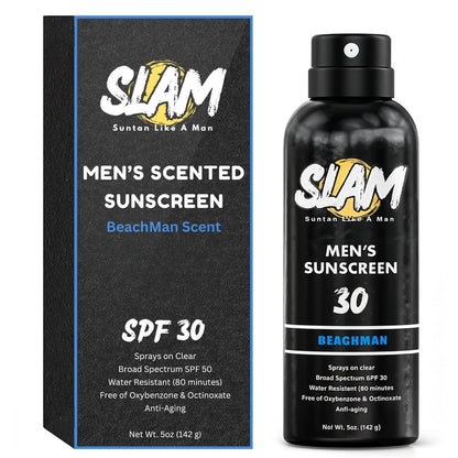 SLAM BeachMan Men's Scented Sunscreen Spray SPF 30 – Broad Spectrum Sun Screen for Face & Body, Water & Sweat Resistant Spray Sunscreen SPF 30, UVA/UVB Protection, Mens Sunblock