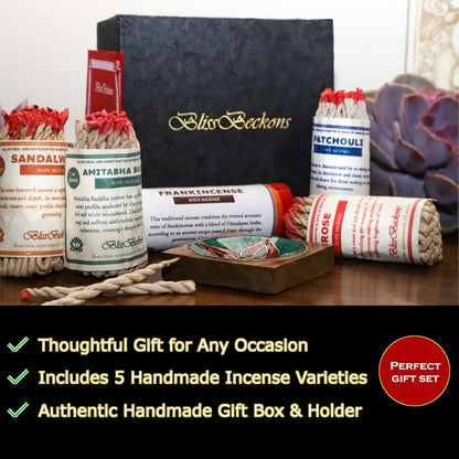 Handmade Tibetan Incense Gift Set – 150 pcs Incense Variety Pack: Frankincense, Patchouli, Sandalwood, Rose, Amitabha Buddha, Incense Holder, 4 Rope Bundles and 1 Stick Bundle