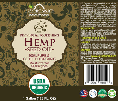 US Organic Hemp Seed Oil, Certified Organic, Pure & Natural, Cold Pressed Virgin, Unrefined, Size for DIY and small manufacturers (128 oz (1 Gallon))