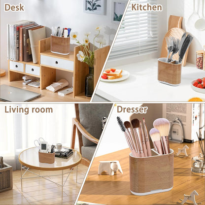 Toothbrush and Toothpaste Holder with Divider for Bathroom Countertop Organizer, 2 Slots Electric Toothbrush Holders Storage Caddy Drainage for Family, Kids(Wood Grain)