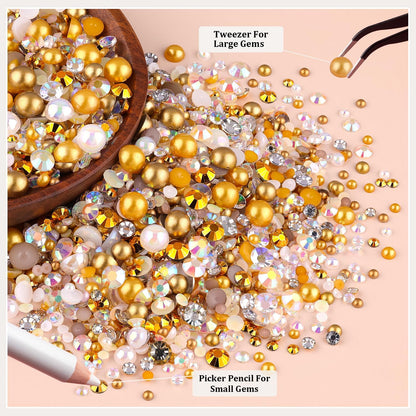 9000PCS Flatback Pearls and Rhinestones for Crafting, White Brown Mixed Size 3-10mm Resin Rhinestones and Half Pearls for Bedazzling, Nail Art and Decoration with Tweezer and Pickup Pencil