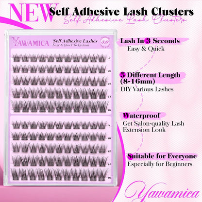 Yawamica Self Adhesive Eyelashes Wispy Lash Clusters No Glue Needed DIY Lash Extension 8-16mm Pre-Glued Eyelash Clusters Reusable Press on Lashes Natural C Curl Individual Lashes DIY Lash for Beginner