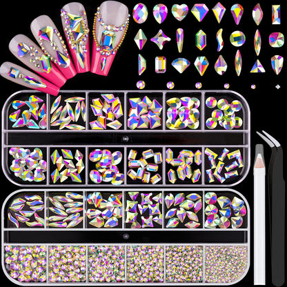 1680Pcs AB Glass Nail Rhinestones 180Pcs Multi Shapes Flatback Nail Gems + 1500Pcs 1.5-4mm Round Crystal, Manicure Nail Charms Diamond Gemstones for Acrylic Nails Decoration