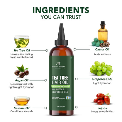 Botanic Hearth 100% Pure Tea Tree Oil (4 Fl Oz) | With Jojoba & Grapeseed Oils | Soothes Itchy Scalp & Fights Dandruff | Hair Oil Repairs Dry Damaged Hair, Strengthening, Healthier Hair- Hair Tonic