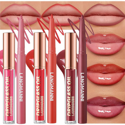 6pcs Hydrating Lip Oils + Lip Liner Pencil Lip Combo Sets, 24H Long-Lasting Lip Kit with Lip Liner and Gloss, Nourishing, Non-Sticky Tinted Stain Lip Gloss Plumping Lip Oil Set for Women(Set B)