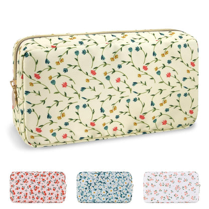 Waterproof Small Floral Makeup Bag Pouch for Purse,Nylon Flower Cosmetic Bag Preppy Travel Toiletry Storage Bag for Women Girl,Cute Makeup Organizer Bag Pouch with Zipper(Small Light Yellow-Flowers)