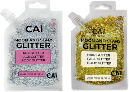 Face, Body & Hair Glitter Gel – Halloween Glitter for Kids and Women – 3 Oz Cosmetic-Grade Gel w/Moon & Stars for Festivals & Halloween Party, Easy Apply & Wash Off - Silver/Gold 2Pack