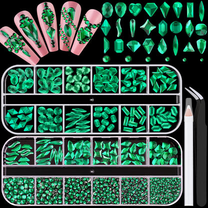 1680Pcs Emerald Green Glass Nail Rhinestones 180Pcs Multi Shapes Flatback Nail Gems + 1500Pcs 1.5-4mm Round Crystal, Manicure Nail Charms Diamond Gemstone for Acrylic Nails Decoration