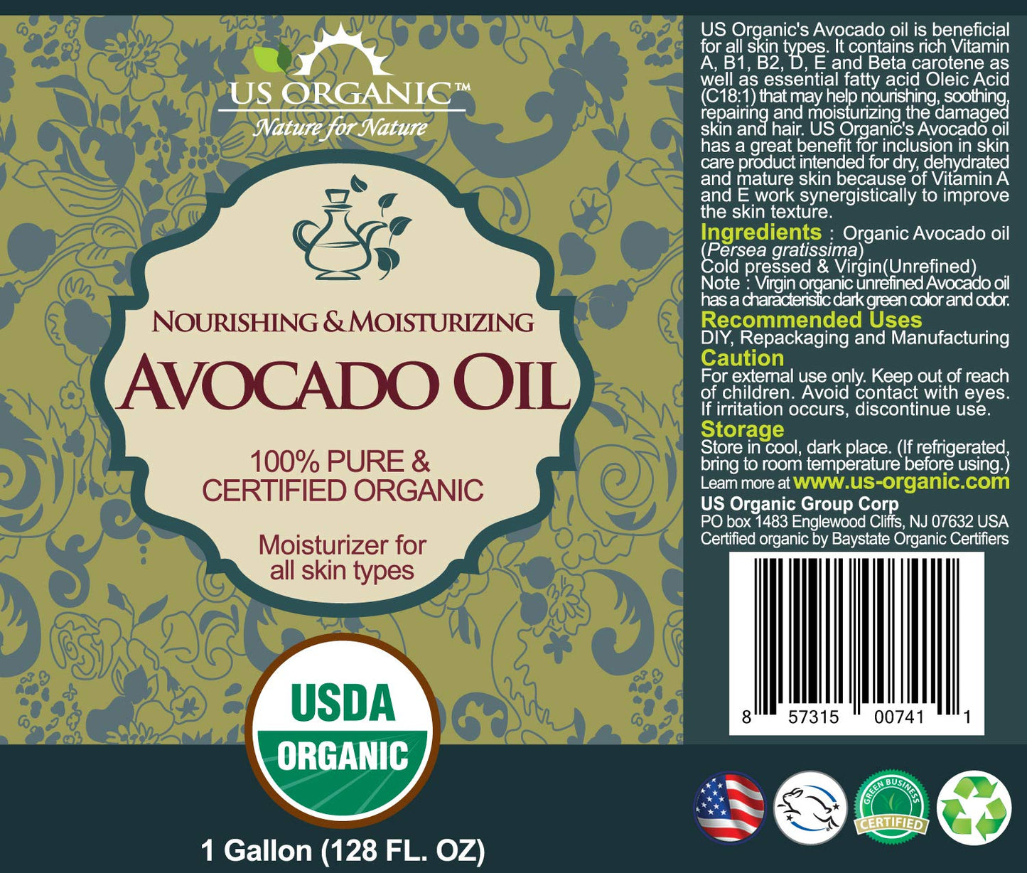 US Organic Avocado Oil Unrefined Virgin, USDA Certified Organic, 100% Pure & Natural, Cold Pressed, Size for DIY and small manufacturers (128 oz (1 Gallon))