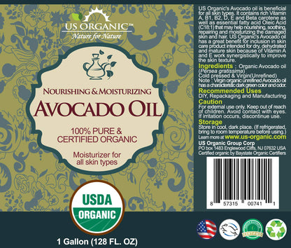 US Organic Avocado Oil Unrefined Virgin, USDA Certified Organic, 100% Pure & Natural, Cold Pressed, Size for DIY and small manufacturers (128 oz (1 Gallon))