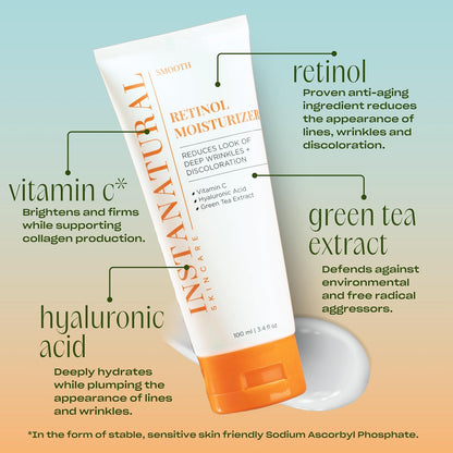 InstaNatural Retinol Moisturizer Nighttime Face Moisturizing Cream, Brightens and Reduces Signs of Aging, Wrinkles, Lines and Discoloration, with Vitamin C and Hyaluronic Acid, 3.4 Fl Oz