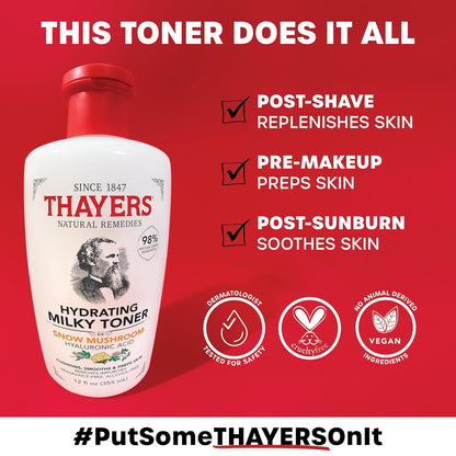 Thayers Milky Hydrating Face Toner with Snow Mushroom, Hyaluronic Acid and Elderflower, Dermatologist Recommended Gentle Alcohol Free Facial Skincare for Dry and Sensitive Skin, Paraben Free, 3 FL oz