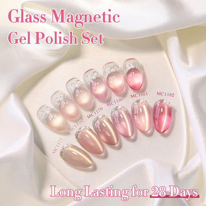 Double Rhythm Cat Eye Gel Nail Polish Set of 6 Same Color Same Bottle 0.5 Oz Shimmer Glitter with Magnet Holographic Reflective Magnetic UV Nail Polish Kit at Home (Glass Nude Pink Rose-T6-32)