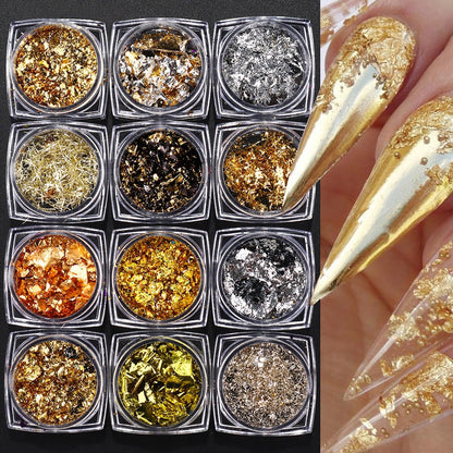 12 Boxes Aluminum Nail Flakes Foils Set - Gold Silver Irregular Paillette Nail Art Sequins 3D Shinny Ultra-Thin Aluminum Foil Nail Art Flakes Glitter Sticker for Manicure Decor DIY Crafts Accessory