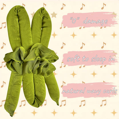 Serenade Textured Satin Heatless Curls Overnight, Heatless Hair Curler Curling Set for Women and Girls to Sleep in, with 2 Satin Scrunchies and 1 Clip for Overnight Curls, Green