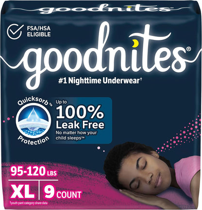 Goodnites Girls' Nighttime Bedwetting Underwear, Size Extra Large (95-120 lbs), 9 Ct, Packaging May Vary