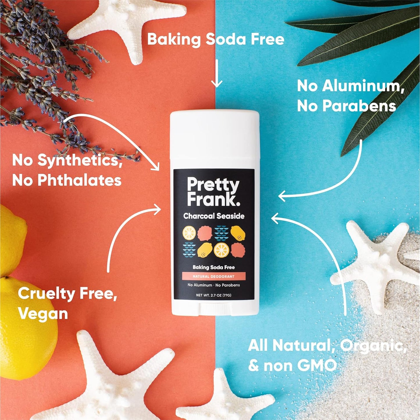 Pretty Frank Natural Aluminum-Free Deodorant Stick with Charcoal, Baking Soda-Free, Charcoal Seaside (1-Pack) | Sensitive Skin Friendly, Effective Odor Control for Women & Men, Organic Ingredients