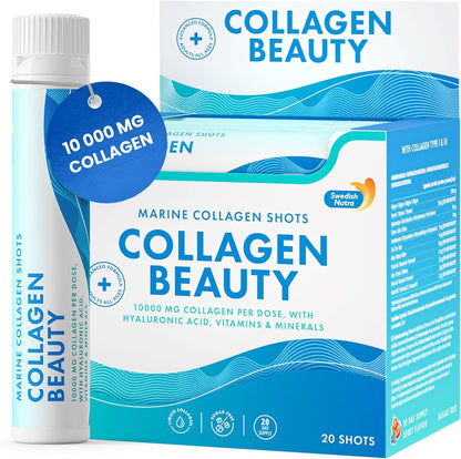 Swedish Nutra - Collagen Beauty | 10,000 mg Hydrolyzed Marine Collagen Liquid Supplement - 20 x 25 ml Daily Shots | Hyaluronic Acid and Vitamin C to Support Healthy Hair, Skin, Nails | Sugar-Free
