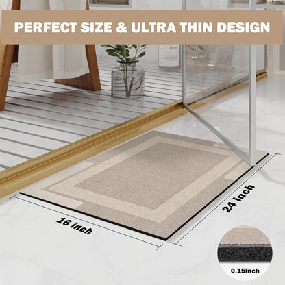 Non Slip Bath Mat, Rubber Backing Ultra Thin Bathroom Rugs Fit Under Door Quick Dry Super Absorbent Washable Bath Rug Shower Mat for Bathroom Floor Bathtub Shower Sink, Easy Care Beige 16"x 24"