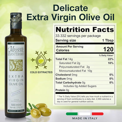 Delicate Italian Extra Virgin Olive Oil Cold Pressed - Light Olive Oil for Cooking and Frying, Imported from Italy - Masserie di Sant'Eramo - 16.9 Fl Oz (Pack 12)