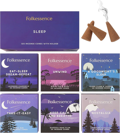 Folkulture Incense Cones Scented | Set of 6 Fragrances (120 Cones) with Incense Cones Holder for Relaxation | Rosemary Jasmine, Patchouli Incense, Lavender Incense Variety Pack | Inscents-Cones