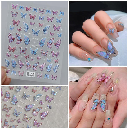 6 Sheets Butterfly Nail Art Stickers Decals 5D Embossed Nail Decals Spring Blue Pink Butterfly Nails Design Self-Adhesive Accessories 3D Nails Stickers for Women
