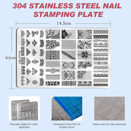 Biutee Nail Stamping Plates Set 2 PCS Large Plate 110 Patterns Nail Art Stamper Scraper Nail Stamp Template Kit French Line Lace Flower Design Masnicure Plates