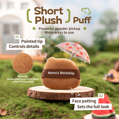 Single-Ear Short Plush Puff,Brown Velvet Powder Puff, 85° Pointed Tip for Highlighting & Full-Face Setting,3pcs Plush Puffs & Storage Case