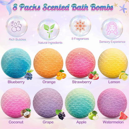 8 Packs Mermaid Bath Bombs for Kids Girls, Bubble Bath Bomb Kit with Surprise Toys Inside, Bath Toys for Kids Aged 4-8, Ideal Birthday Christmas Gifts Stocking Stuffers for Girls 3 4 5 6