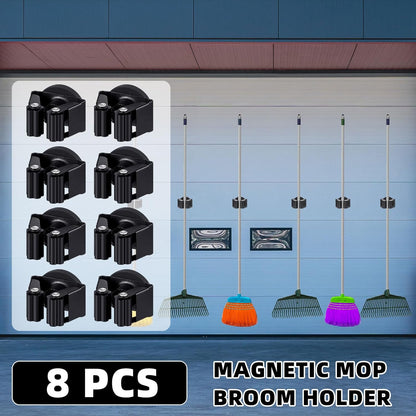 8 Pcs Magnetic Mop Broom Holder Movable Magnetic Broom Holder Rack, Anti Slip Wall Mounted Utility for Cleaning Tools, Garage, Kitchen, Laundry, Garden (Black)
