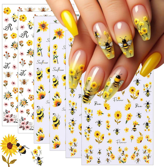 6 Sheets Bee Flower Nail Art Stickers 3D Self Adhesive Sunflower Stickers Yellow Floral Daisy Decals Spring Summer Nails Art Supplies Accessories for Women Girls DIY Manicure Decoration
