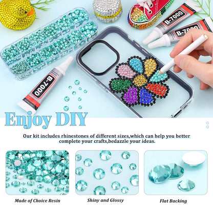 6000Pcs Resin Rhinestones for Bedazzling with 3Pcs B7000 Jewelry Glue, 1 Box Aquamarine Flatback Rhinestones for Crafting Crafts DIY, Crystals Gems for Clothing Shoes Tumblers Nail Art Makeup
