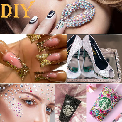 Canvalite 2784Pcs Gold Rhinestones Flatback Gems, Nail Rhinestones Nail Art Gems with Jewelry Glues, Pick Up Tweezers and Rhinestone Picker Dotting Pen, Nail Art Tools for Nails, Clothes, Face, Craft