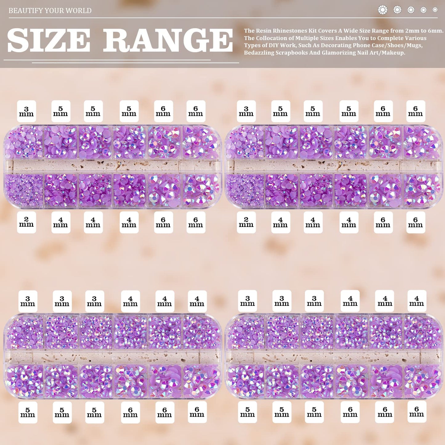 7000PCS Resin Rhinestones with Tweezers for Crafting, 2/3/4/5/6mm Flatback Jelly Rhinestones, 4 Box Lavender Purple AB Non Hotfix Crystal Gems for DIY Crafts Mugs Tumblers Clothes Makeup Nail